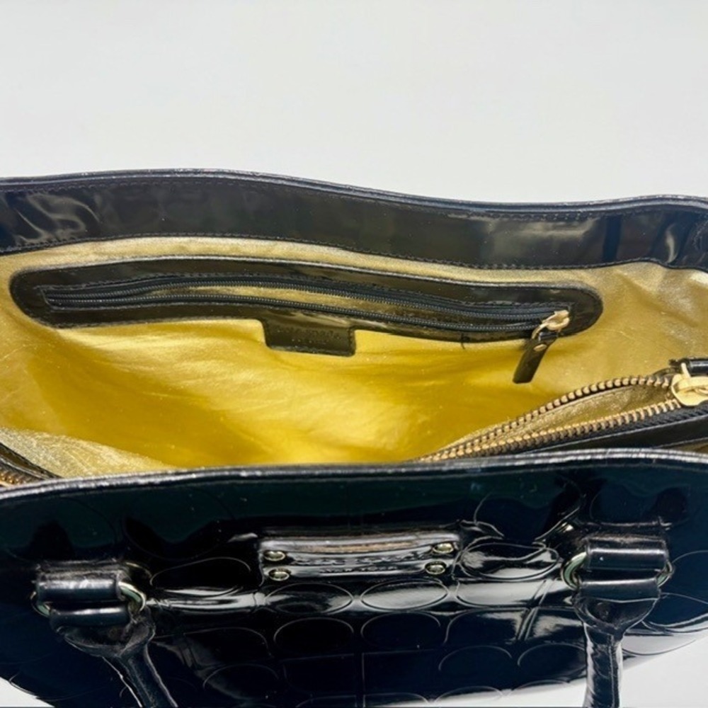 Kate Spade Black Patent Leather Embossed Spade Geometric Tote Bag Gold Lining - Picture 5 of 10